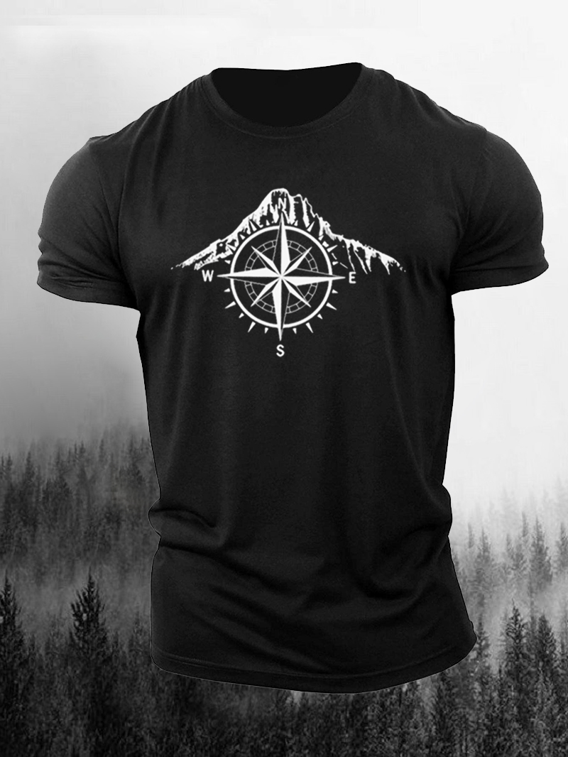 Men's Graphic Tees Short Sleeve T-Shirt with Mountains and Compass