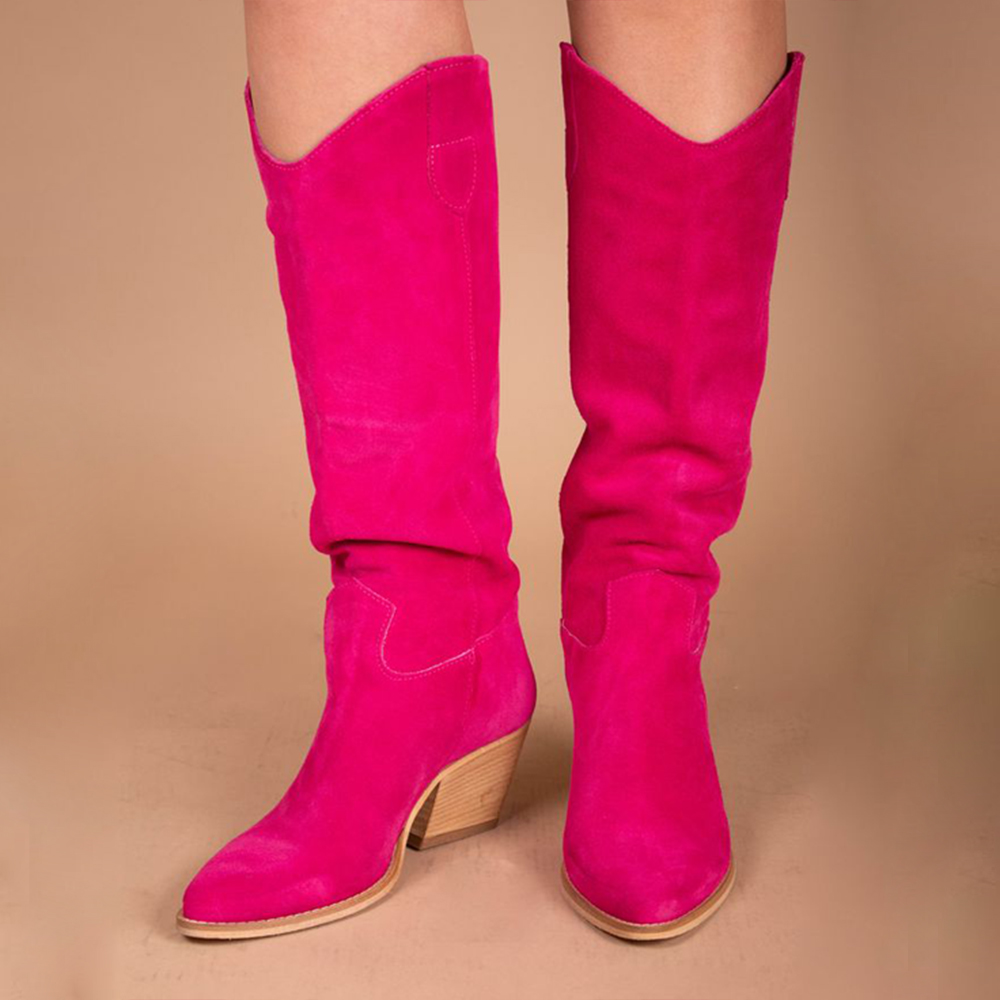 Pink Faux Suede Closed Toe Chunky Heel Knee High Cowgirl Boots