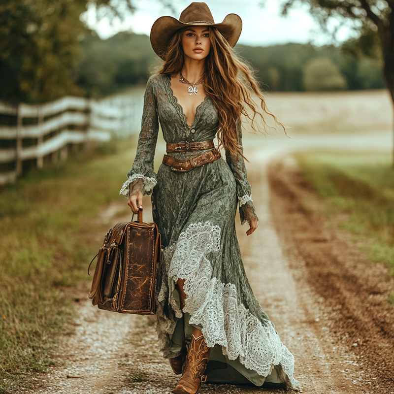 Women's Western Cowboy Vintage Western Elegance Lace And Leather