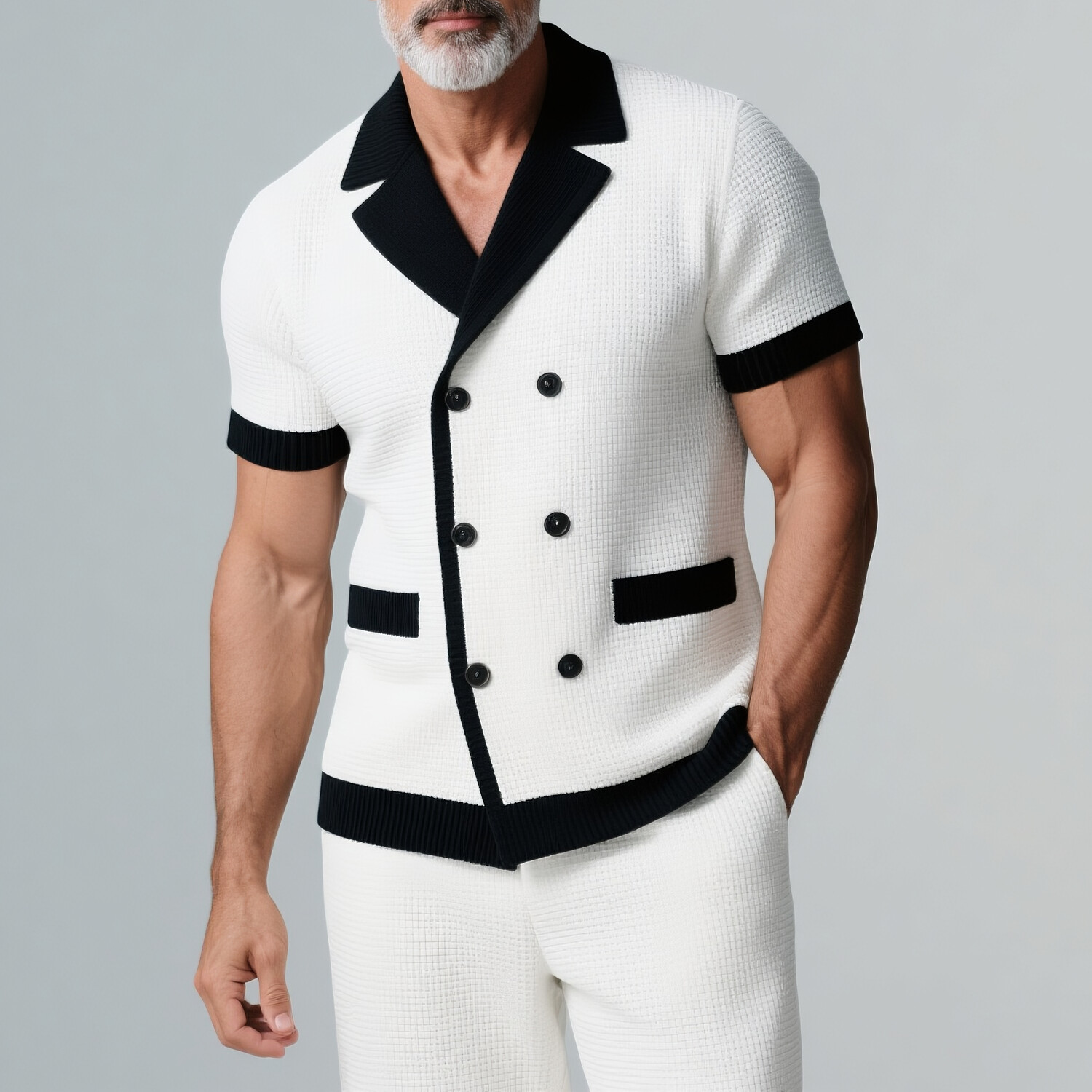 Men's White And Black Contrast Waffle Knit Notch Lapel Double Breasted Short Sleeve Shirt