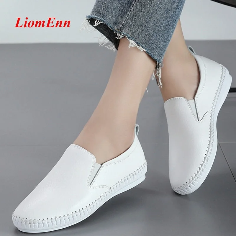 Women's Flats Shoes 2021 Spring Genuine Leather Loafers Black White Sneakers Women Shoes Slip On Shoes Tenis summer ballet flats