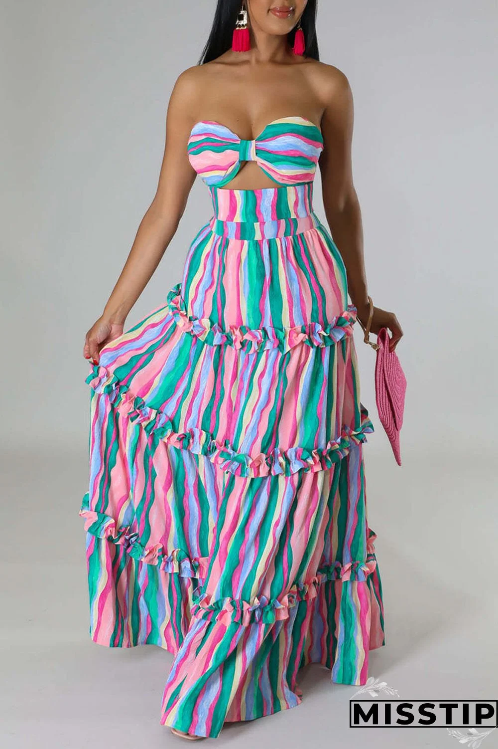 Pink Sexy Striped Print Hollowed Out Patchwork Strapless Sleeveless Two Pieces