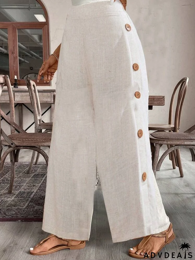 Women Casual Rustic Button Linen Pants