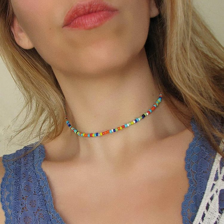 Bohemian Gypsy Chic Rainbow Beaded Choker Necklaces