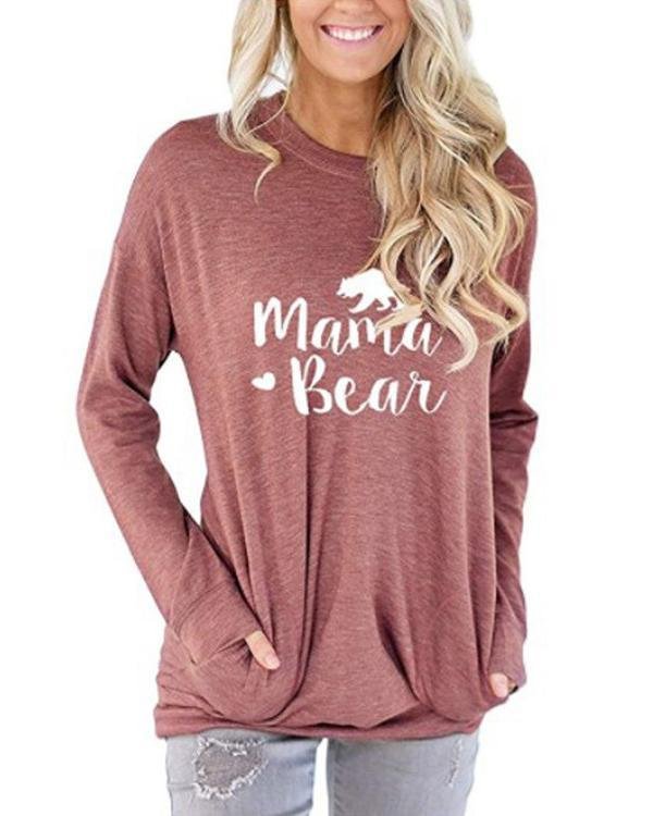 Mama Bear Shirt for Women Long Sleeves Loose Fit Casual Pullover Pocket Blouses - Chicaggo