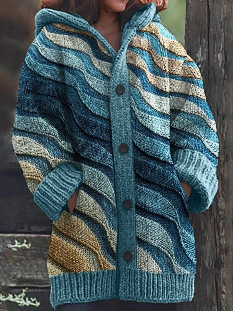 Beach Sea Waves Inspired Jaquard Cozy Hooded Cardigan