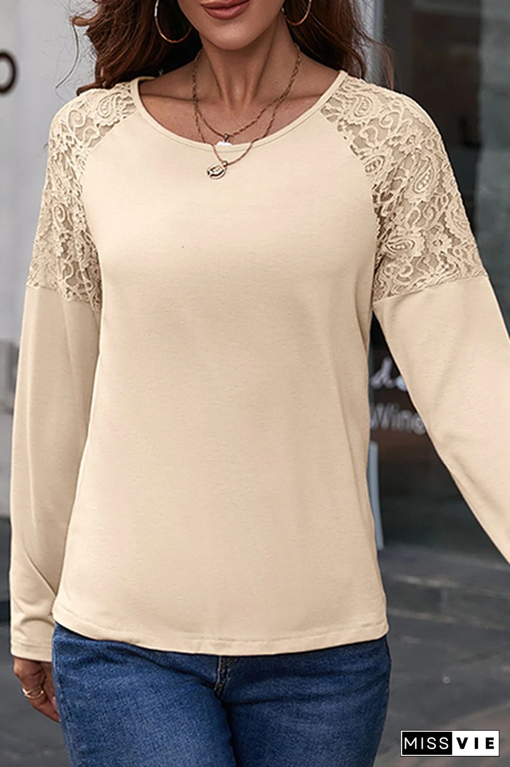 Casual Patchwork Lace Hollowed Out O Neck Tops