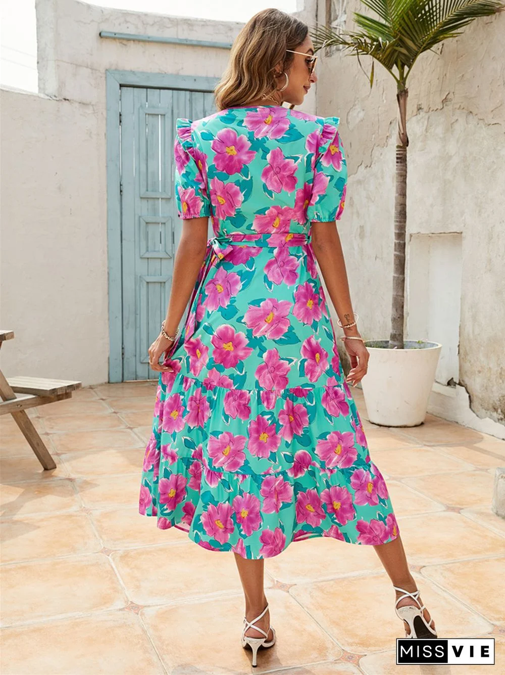 Explosive Dress Print V-neck High Waist Short Sleeve Temperament Dress