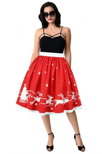 Womens Christmas Sleigh And Reindeer Printed Pleated Skirt Coral-elleschic