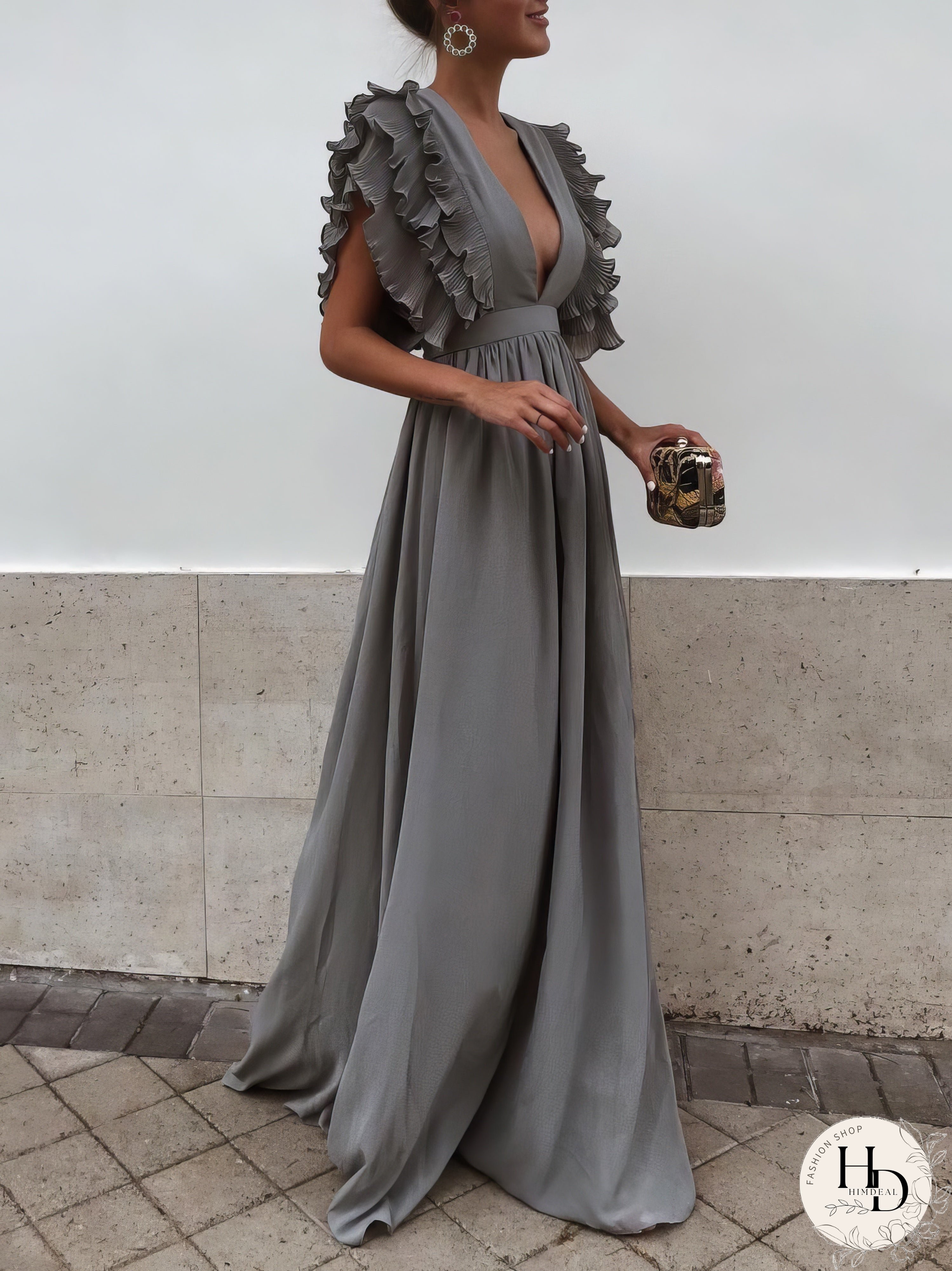 Copy of Flying Sleeves V-neck Open Back Solid Long Flowy Dress
