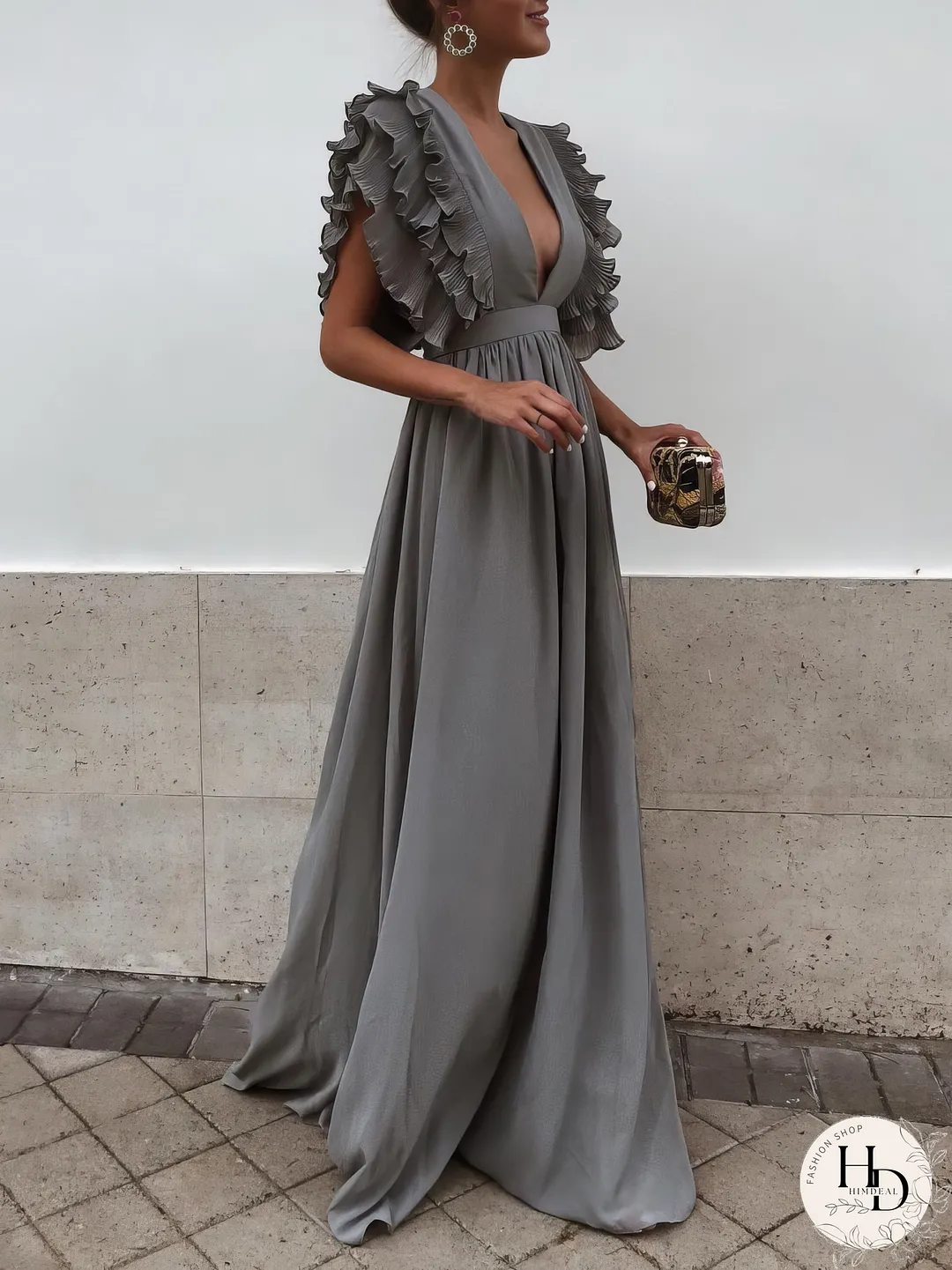 Copy of Flying Sleeves V-neck Open Back Solid Long Flowy Dress
