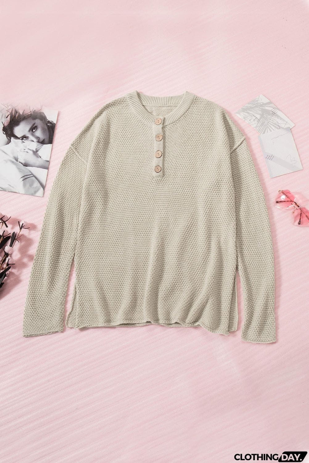 Women's Beige Henley Pullover Drop Shoulder Sweater with Slits