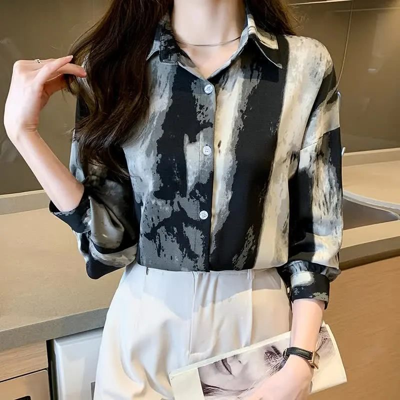 Vintage Ink Painting Long Sleeve Lapel Shirt Workwear