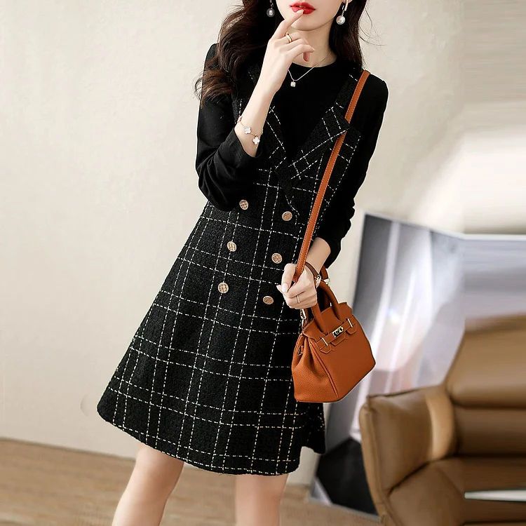 Black Tweed Long Sleeve Paneled Checkered/plaid Dresses QueenFunky