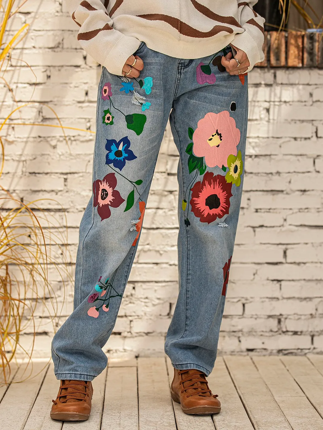 All Season Denim Floral Casual Jeans