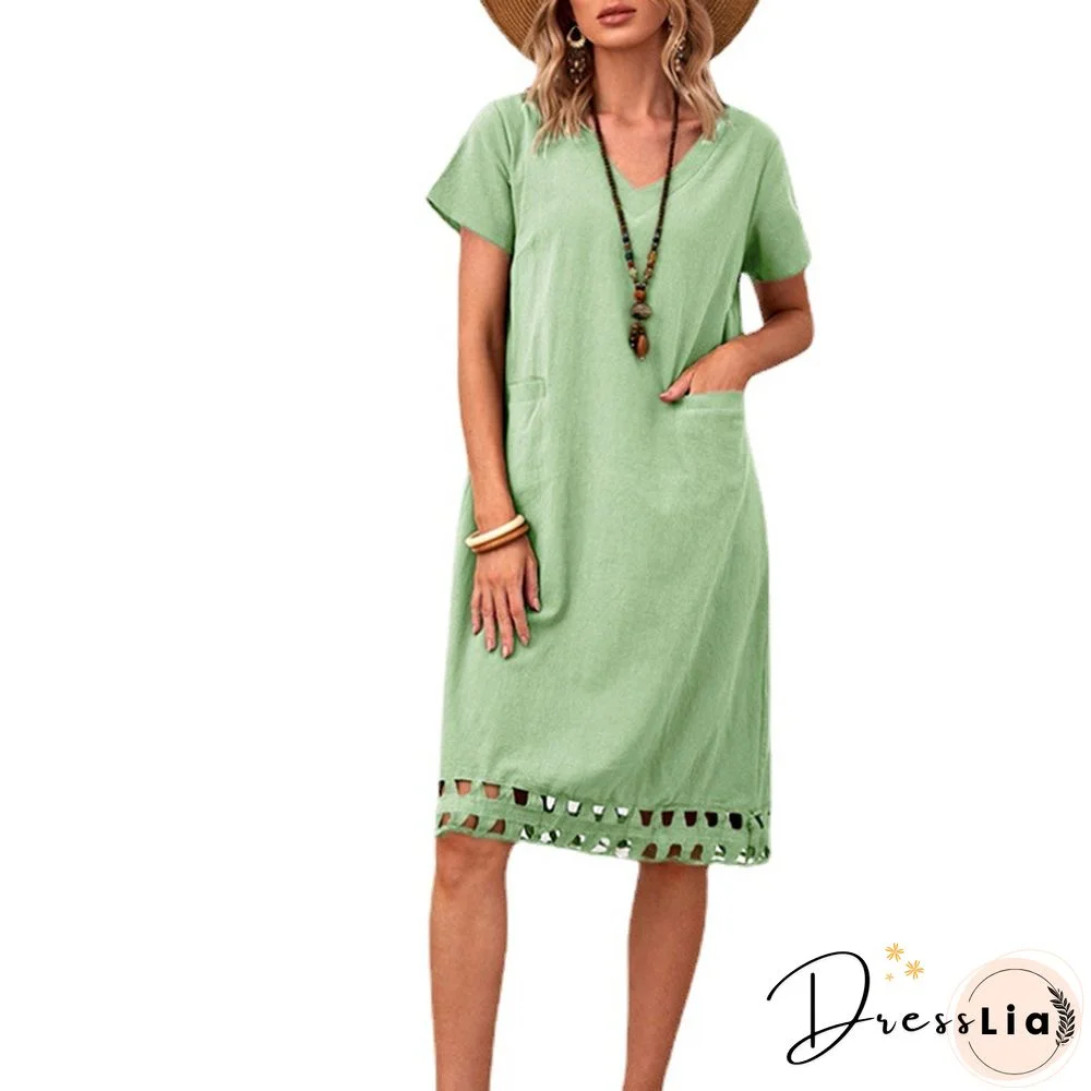 Fashionable And Versatile V-neck Short Sleeve Slim Solid Cotton Linen Dress