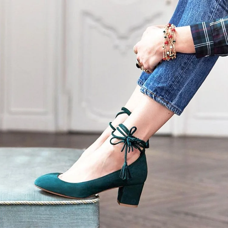 Teal Chunky Heel Suede Round Toe Pumps for Office Ladies Vdcoo