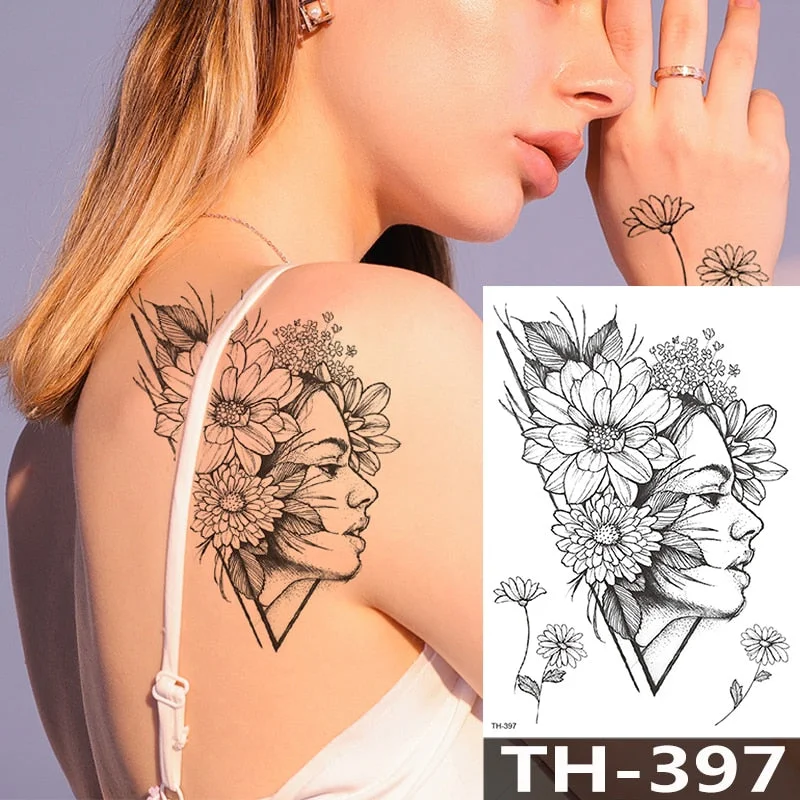 Rose Peony Flower Girls Temporary Tattoos For Women Waterproof Black Tattoo Stickers 3D Blossom Lady Shoulder DIY Tatoos