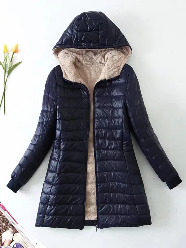 Long Sleeves Keep Warm Pockets Velvet Zipper Hooded Outerwear Padded Coat