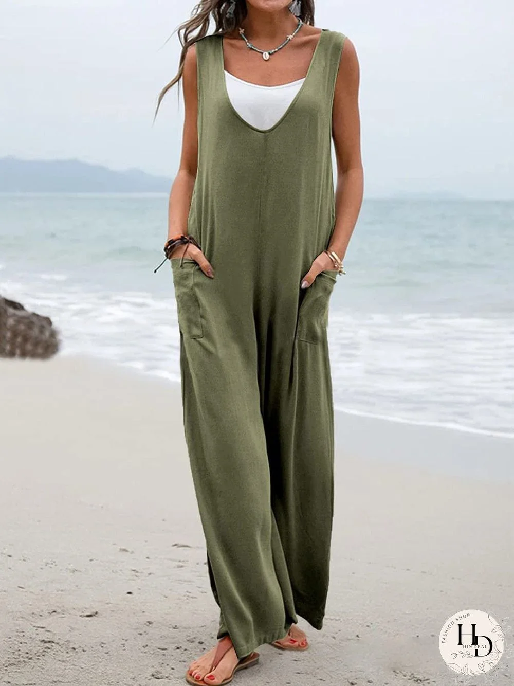 Women'S Jumpsuits Solid V-Neck Pocket Wide-Leg Jumpsuit