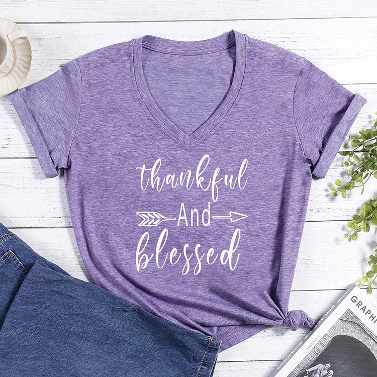 Thankful And Blessed V-neck T Shirt-Annaletters