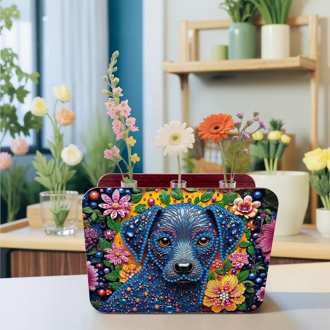 Dog DIY Flower Vase Wooden Double Sided Desktop Diamond Art Kit for Home Decor