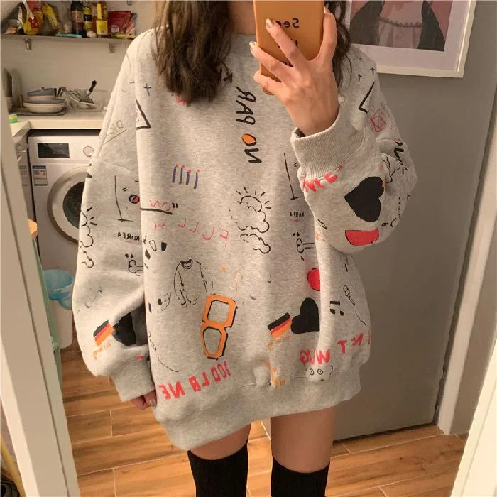 Crew Neck Women Pullover Streetwear Spring Korean Fashion Cartoons Printing Loose Full Sleeve Tops for Girl Harajuku Sweatshirts