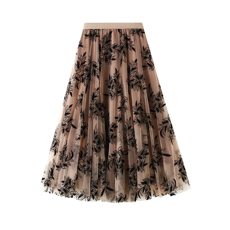 Nigikala Nigikala Yarn Dress Women's Half-Dress Autumn And Winter Long A Word Big Smash Flower Net White Skirt 1819