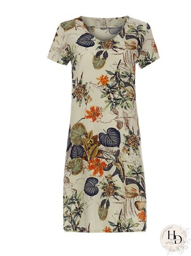 Cotton Linen Dress Casual Dress Midi Dress Cotton Blend Basic Classic Outdoor Daily Vacation V Neck Print Short Sleeve Summer Spring Loose Fit Apricot Leaf Floral M L XL 2XL for Women