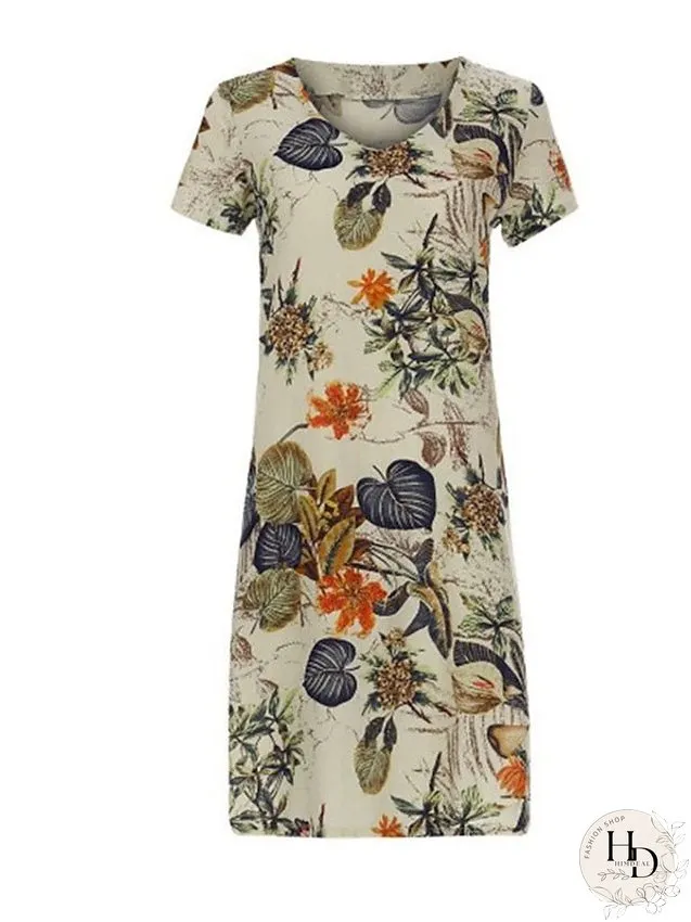 Cotton Linen Dress Casual Dress Midi Dress Cotton Blend Basic Classic Outdoor Daily Vacation V Neck Print Short Sleeve Summer Spring Loose Fit Apricot Leaf Floral M L XL 2XL for Women