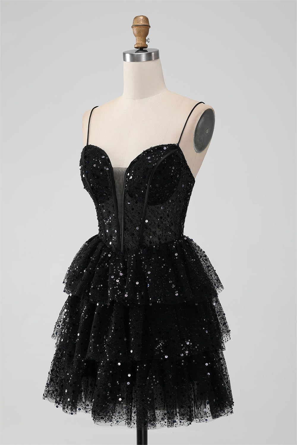 Shinning Black Sequins Spaghetti Strap Sleeveless Short Homecoming Dress with Beadings