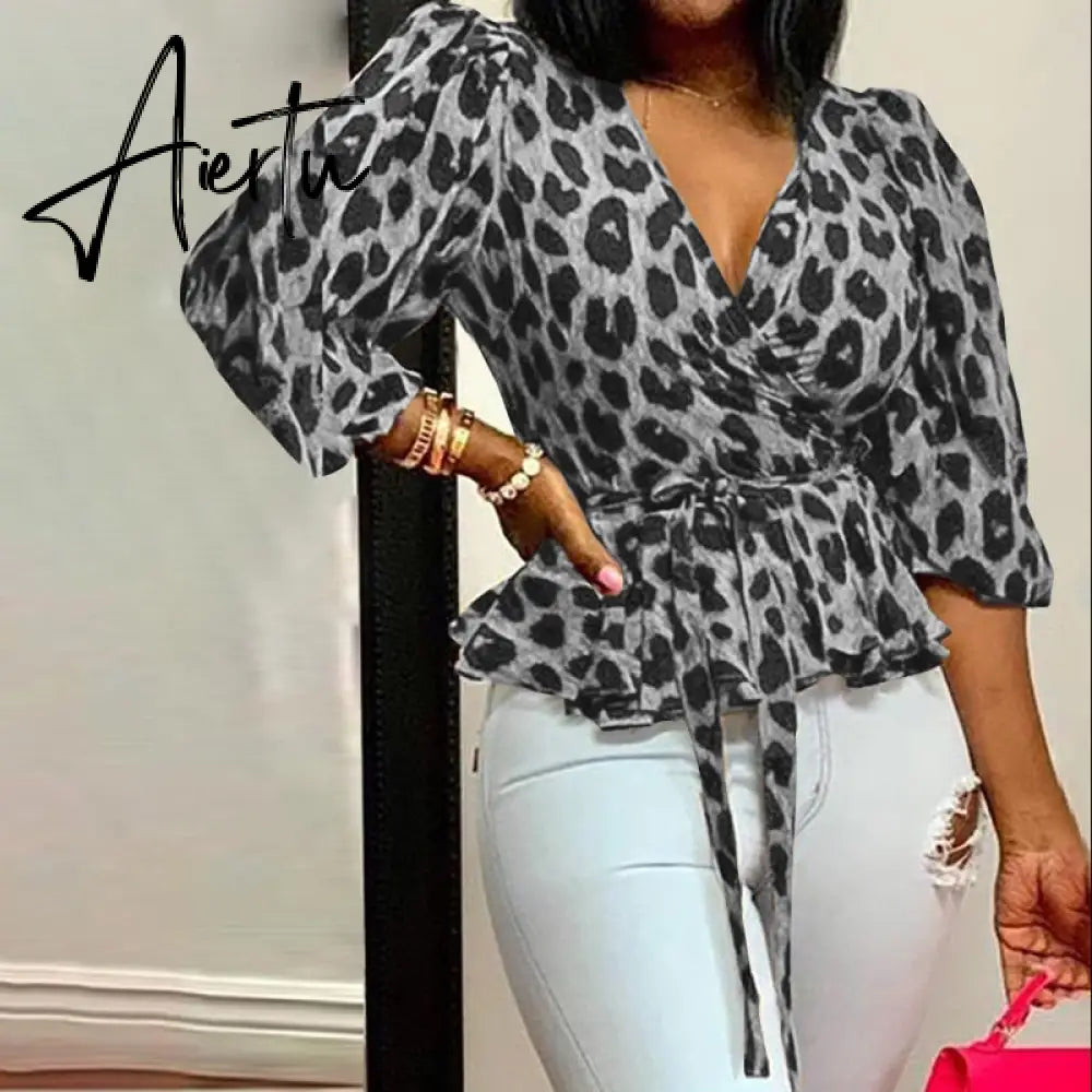 Aiertu Elegant Women Blouse Summer Sexy V-Neck Leopard Print Tunic Shirt Belted Office Fashion Top Ruffles Blusas Femininas Aiertu