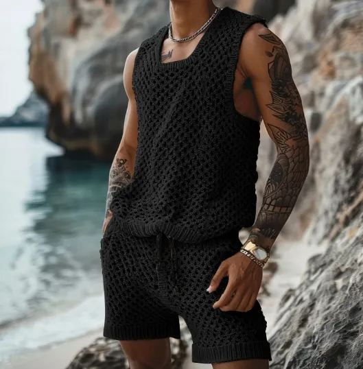 Men's Leisure Turn-down Collar Fitted Stripe knitting Tank Tops And Shorts Sets