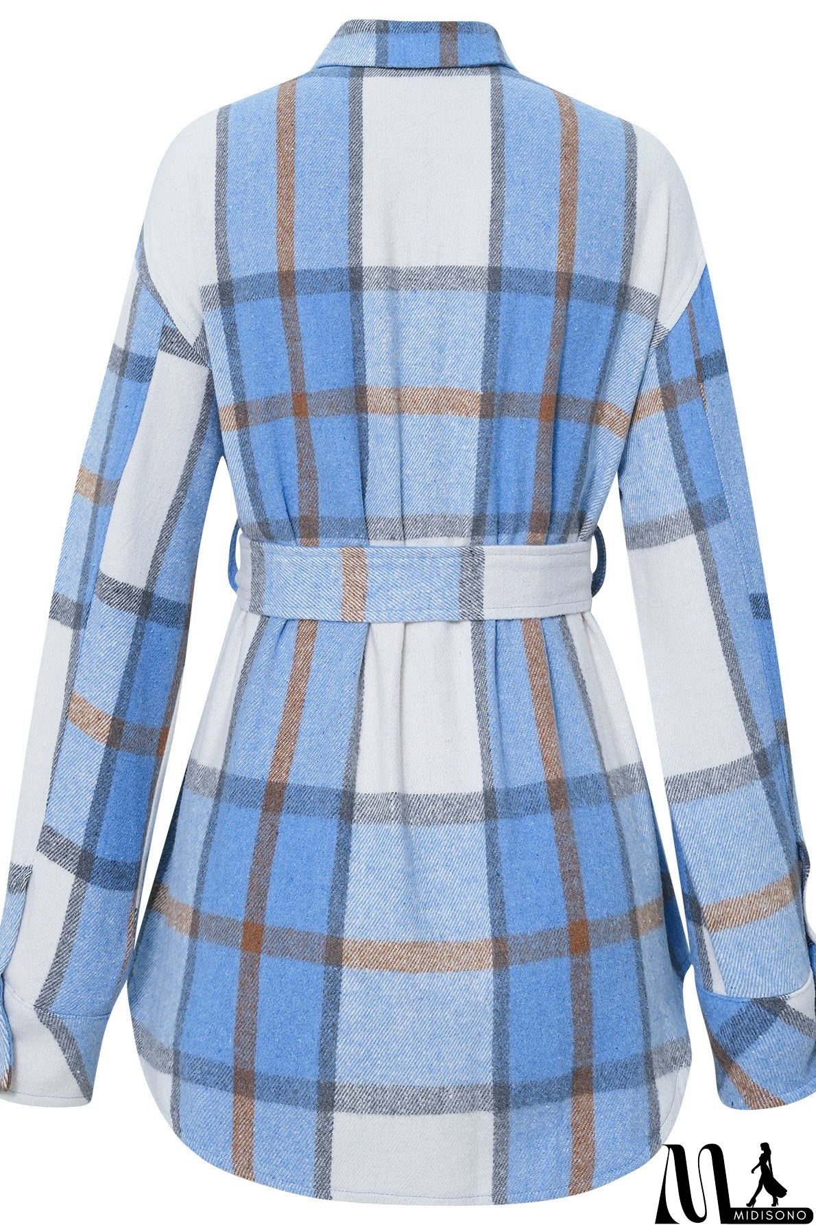 MidiSono - Casual White & Blue Plaid Shirt