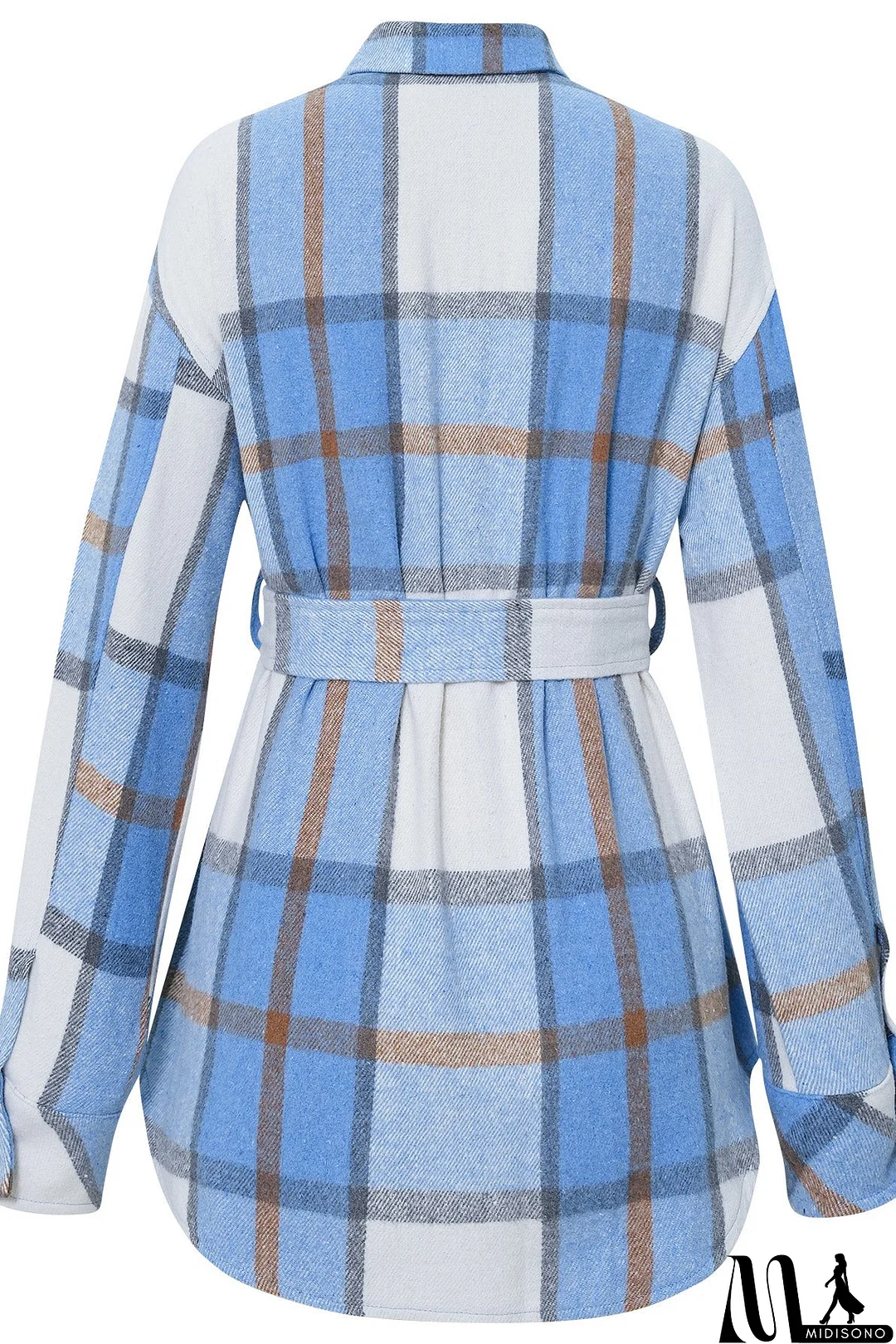 MidiSono - Casual White & Blue Plaid Shirt