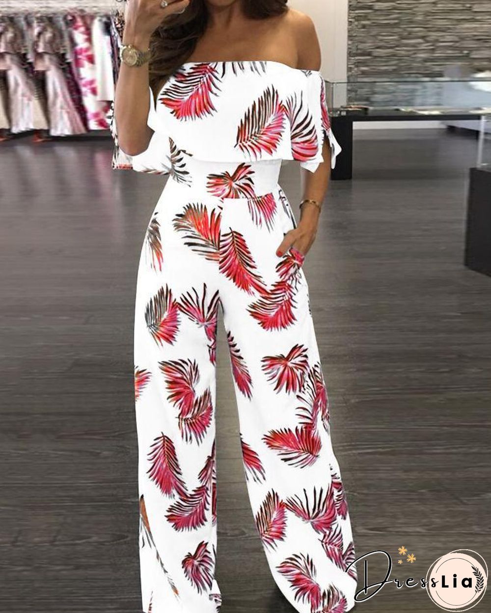Fashion Print Frilled Off Shoulder Flared Jumpsuit P11647