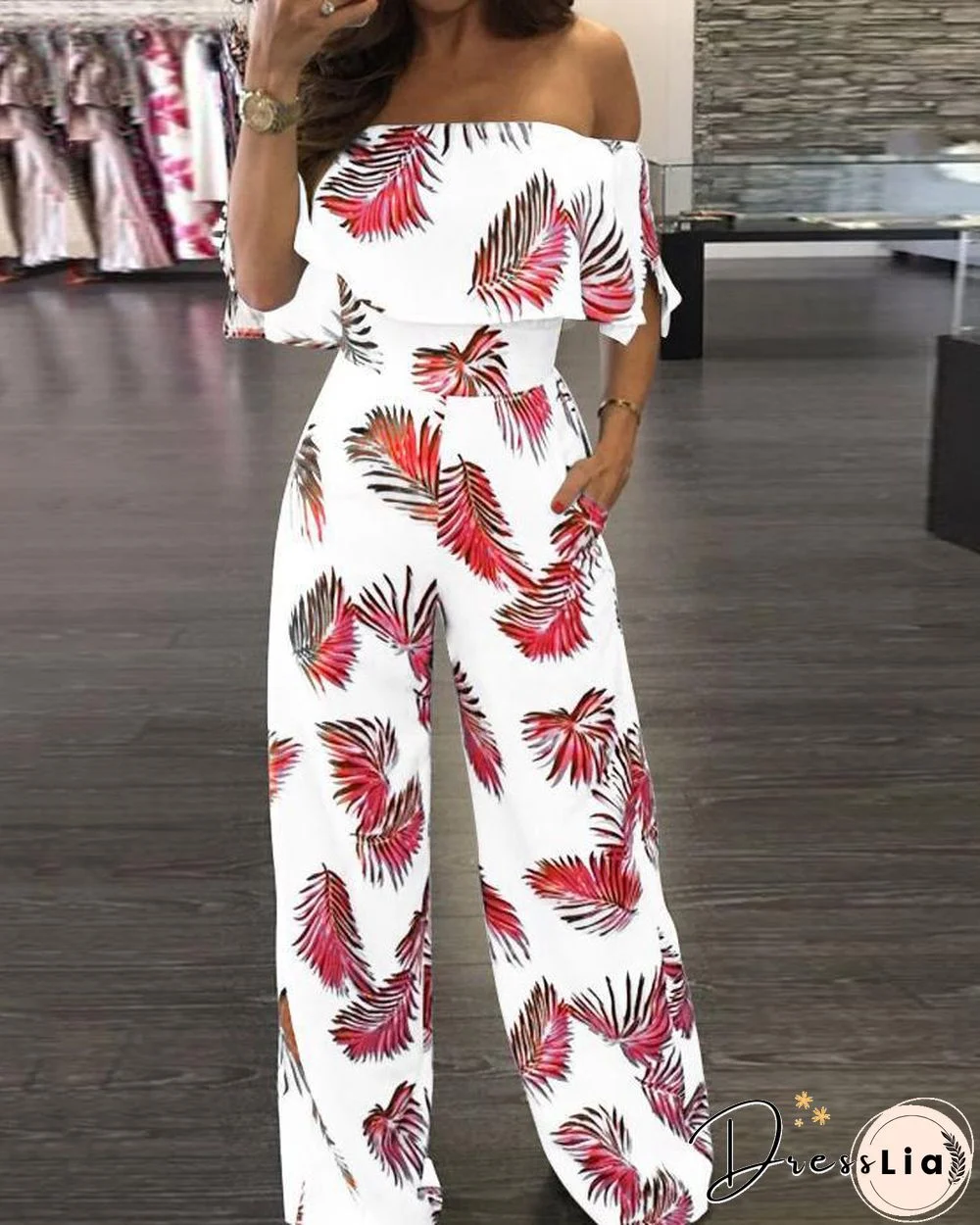 Fashion Print Frilled Off Shoulder Flared Jumpsuit P11647