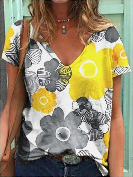 Women's Short Sleeve V-neck Printed Tops T-shirts