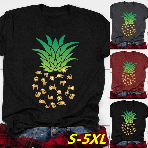 Women New Fashion Sloth Pineapple Print T-shirts Summer Short Sleeve Funny Graphic Tee Casual Cotton O-neck Tops Shirt Size:S-5XL - Life is Beautiful for You - SheChoic