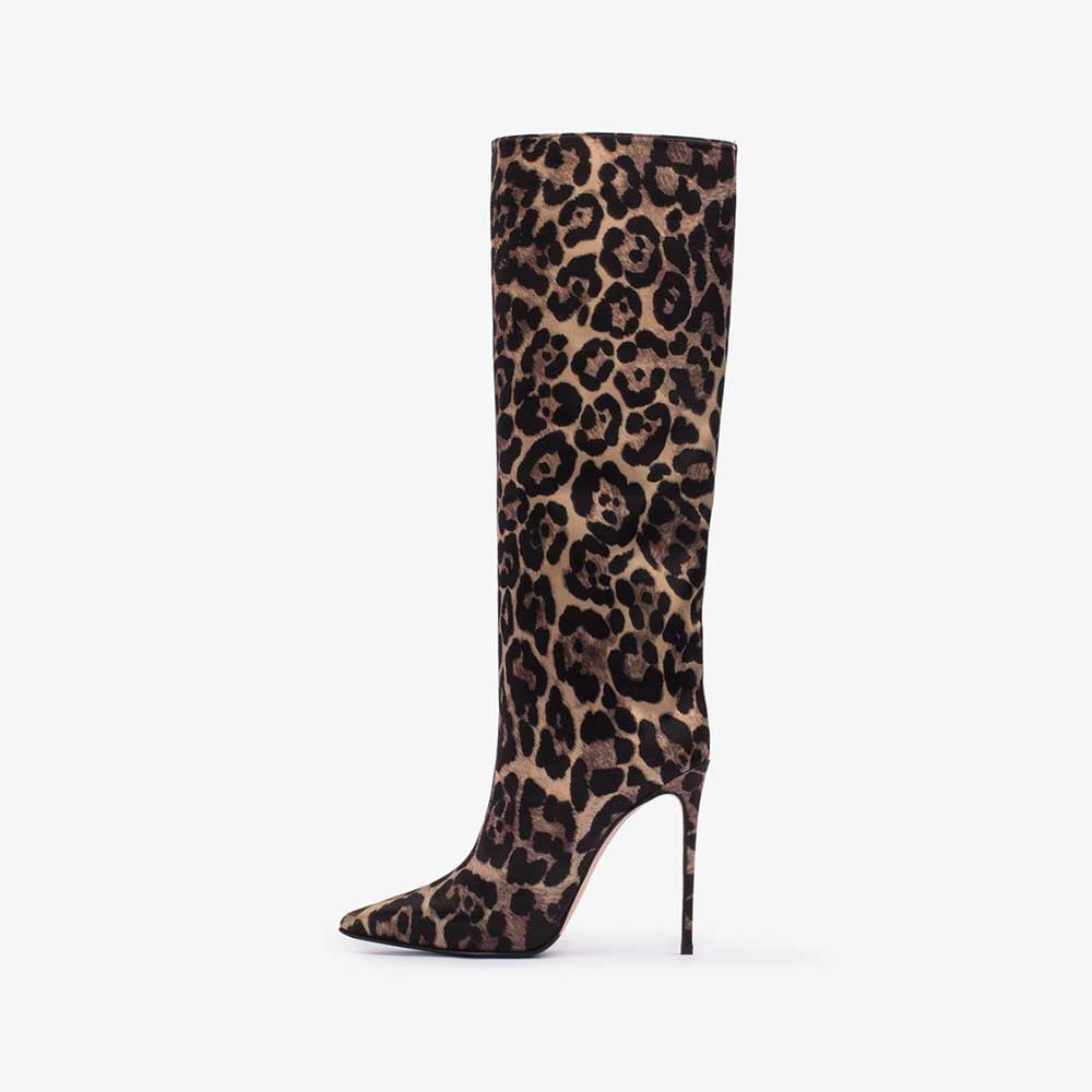 Women's Pointed Toe Leopard Print Knee-High Boots with Stiletto Heel Nicepairs