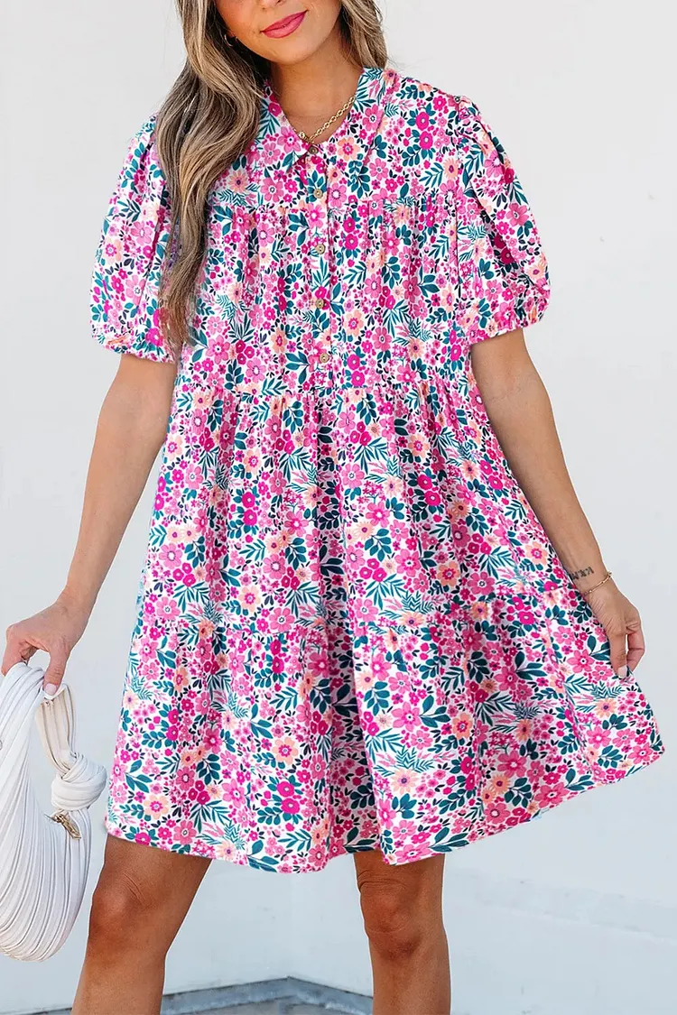 Printed Short Sleeve Mini Shirt Dress