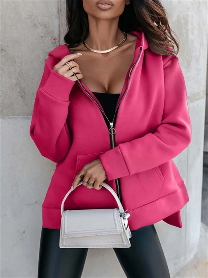Autumn and Winter New Women's Sports Pocket Zipper Loose Casual Commuter Style Hoodie Sweatshirt