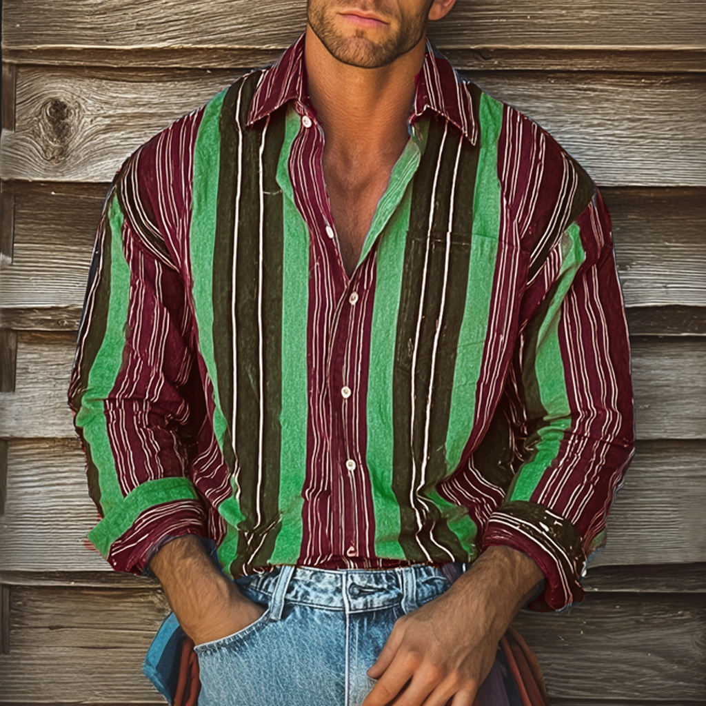 Men's Retro Colorblock Casual Striped Print Loose Long Sleeve Shirt