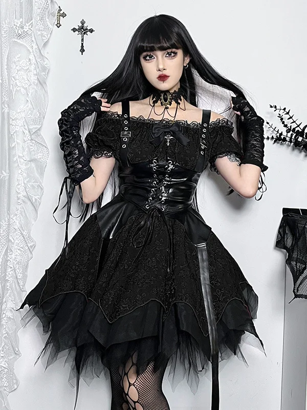 Gothic Dark Style Bodycon Off-Shoulder Lace Mini Dress