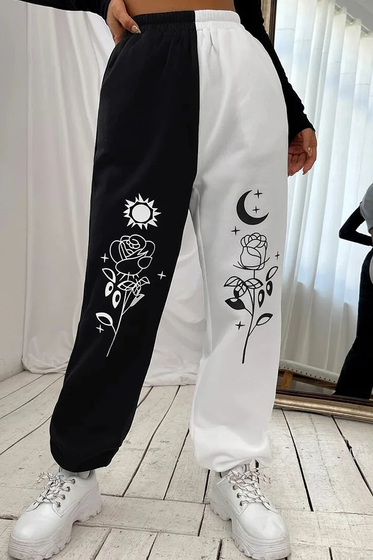 Black White Fashion Casual Print Split Joint Regular High Waist Trousers