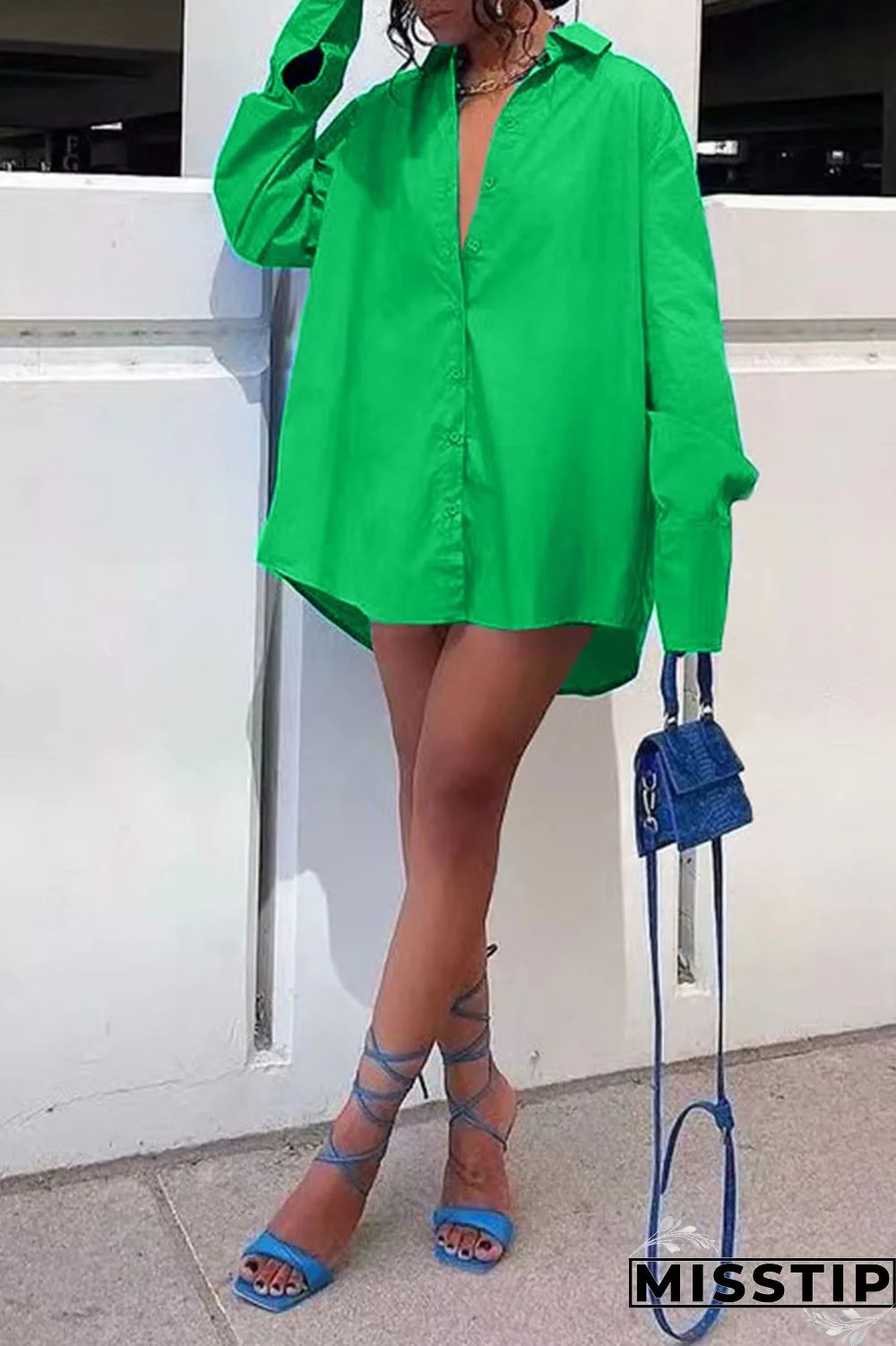 Green Casual Solid Patchwork Buckle Turndown Collar Long Sleeve Two Pieces