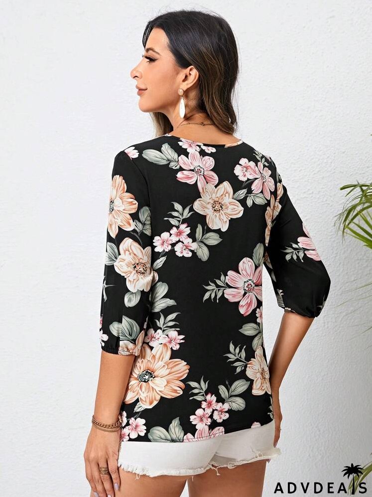 Floral Print Guipure Lace Insert Blouse