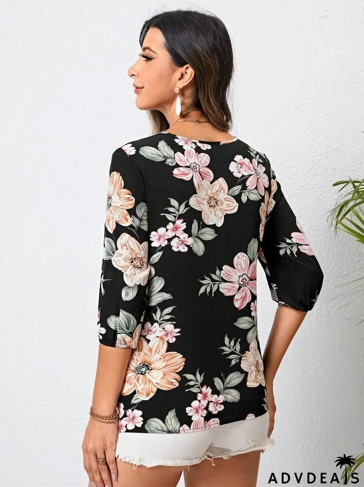 Floral Print Guipure Lace Insert Blouse