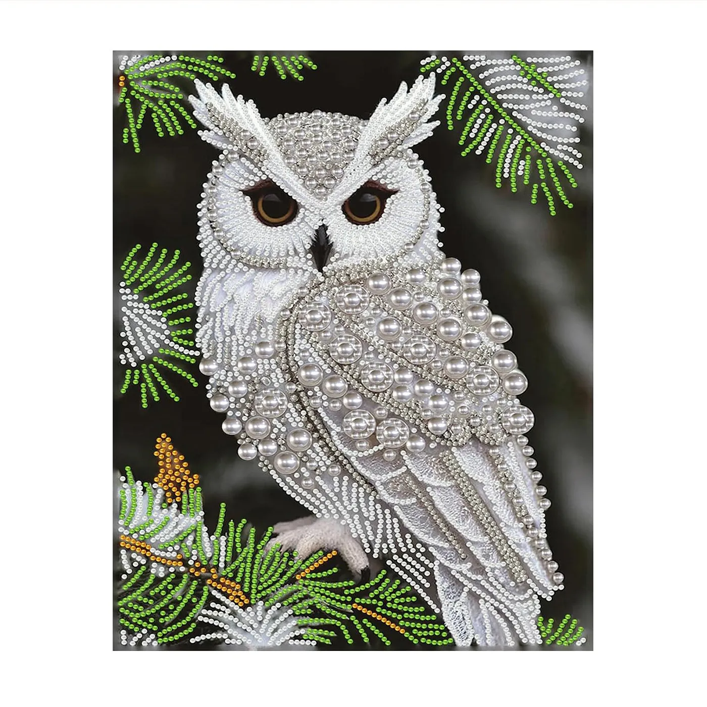 White Owl Pine Branch - Pearls Painting