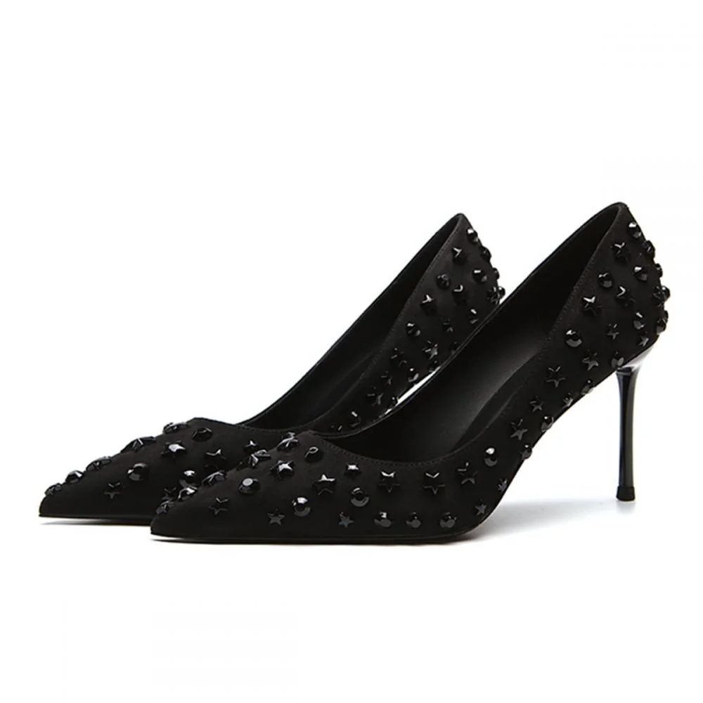 Women Black Pumps with Star Rivets Pointy Toe Stiletto Heels Nicepairs
